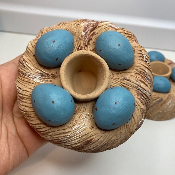 A Pair Vintage Serrv Candle Holder Eggs On Nest Made in Peru - Picture 2 of 12